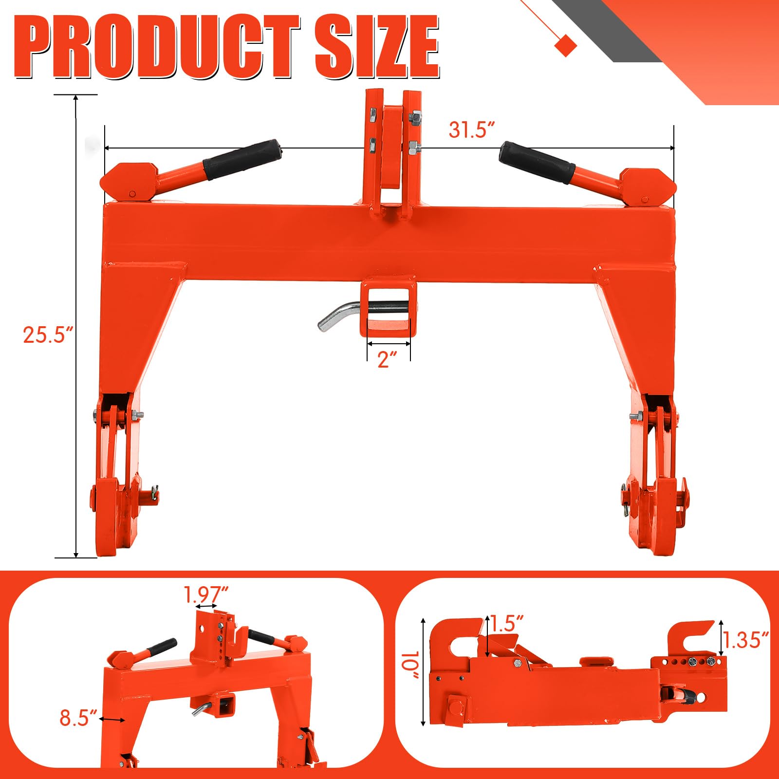 3-Point Quick Attach Hitch, 2 Inch Receiver & 5 Bolts Adjust