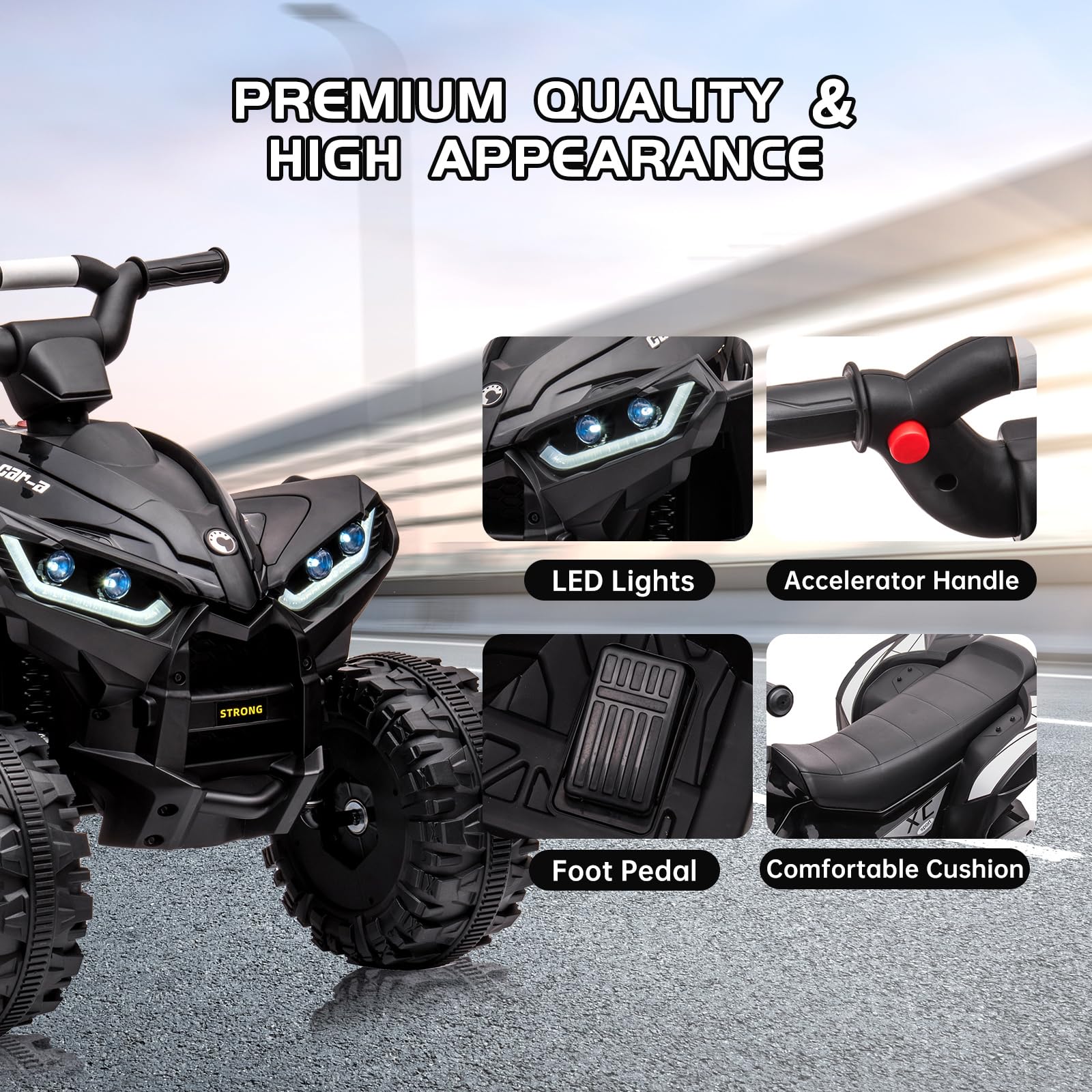 GARVEE 12V Kids ATV 4 Wheeler with Music, LED Lights for Boys & Girls - Black