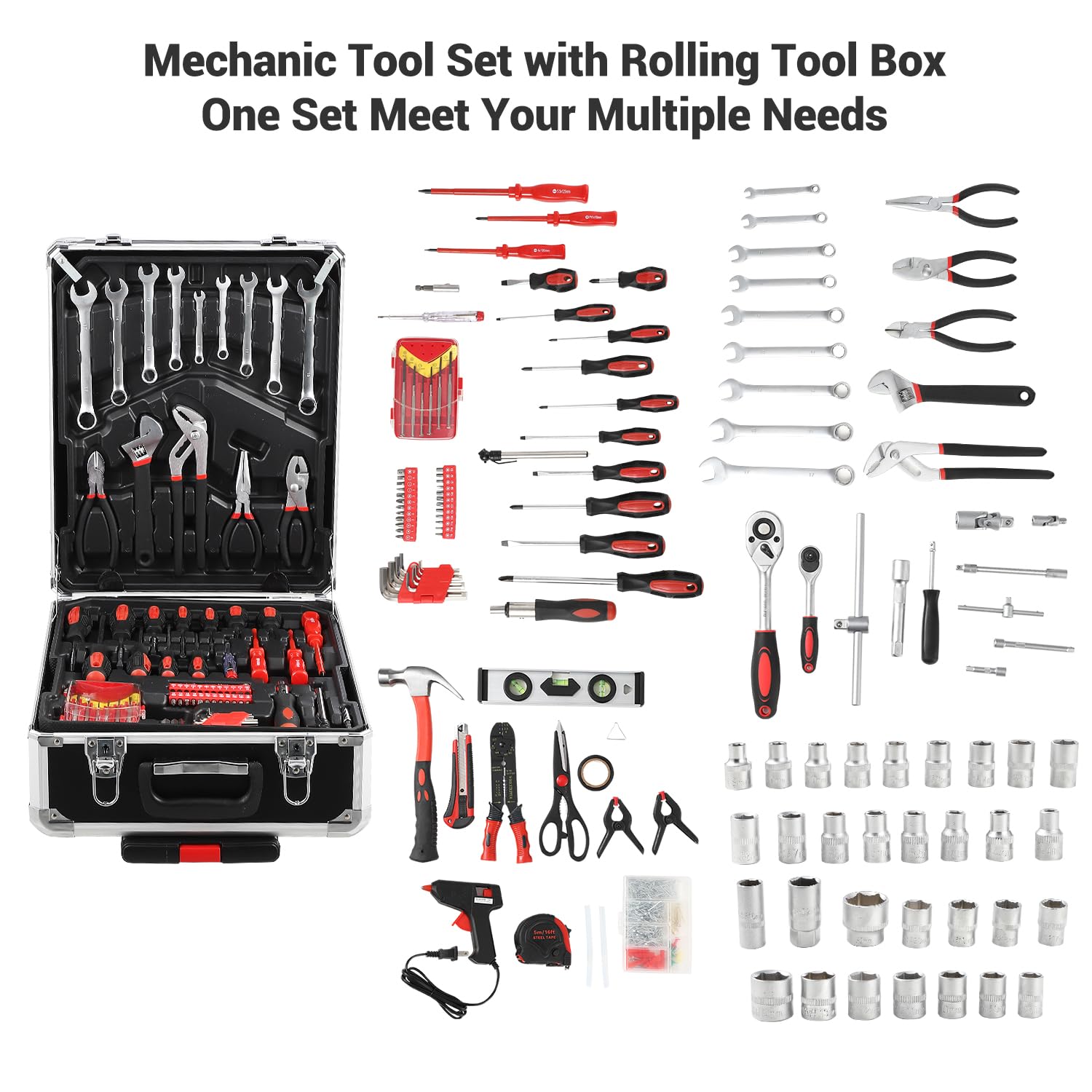 GARVEE 800 Piece Tool Kit Aluminum Trolley Case Tool Set, Socket Wrench Hand Tool Set Mechanic Rolling Tool Box, House Repair Kit Set, Household Hand Tool Set, with Tool Belt