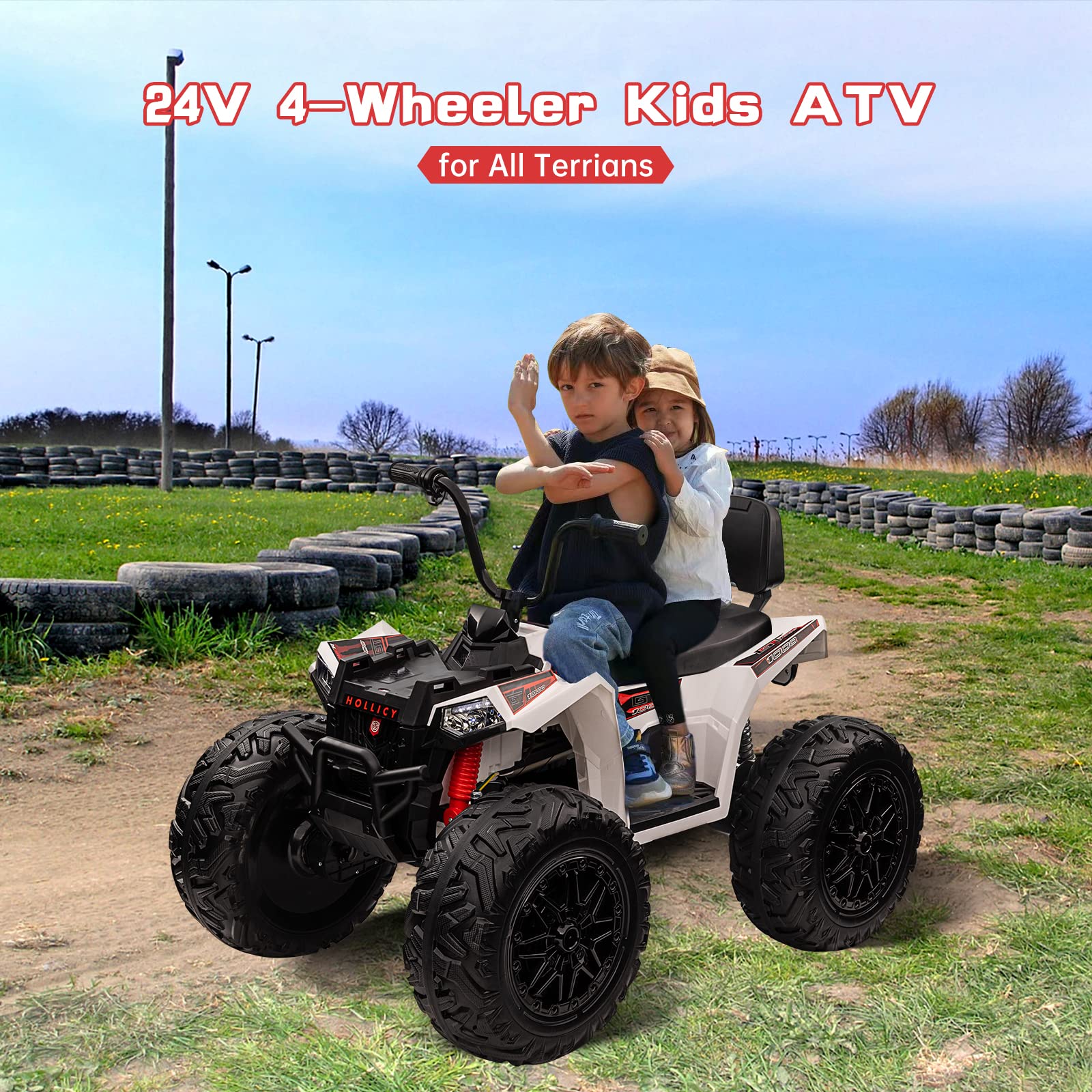 GARVEE 24V Kids ATV, Ride on Car 4WD Quad Electric Vehicle, 4x80W Powerful Engine, with 7AHx2 Large Battery, Accelerator Handle, EVA Tire, Full Metal Suspension, LED Light, Bluetooth&Music - White