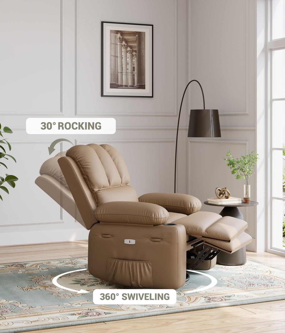 GARVEE Oversized 27" Recliner Chairs with Heat and Massage - 360° Swivel Lazy Boy Recliner Chair for Adults- Manual Rocking Chair with Cup Holder for Living Rooms, Bedrooms and Nurseries - Tan