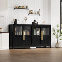 GARVEE Sideboard Buffet Cabinet with 4 Glass Doors, 55" Large Buffet Cabinet with Storage, Modern Farmhouse Storage Cabinet Table for Kitchen Dining Room, Living Room(Glass with 4 Door, Black)