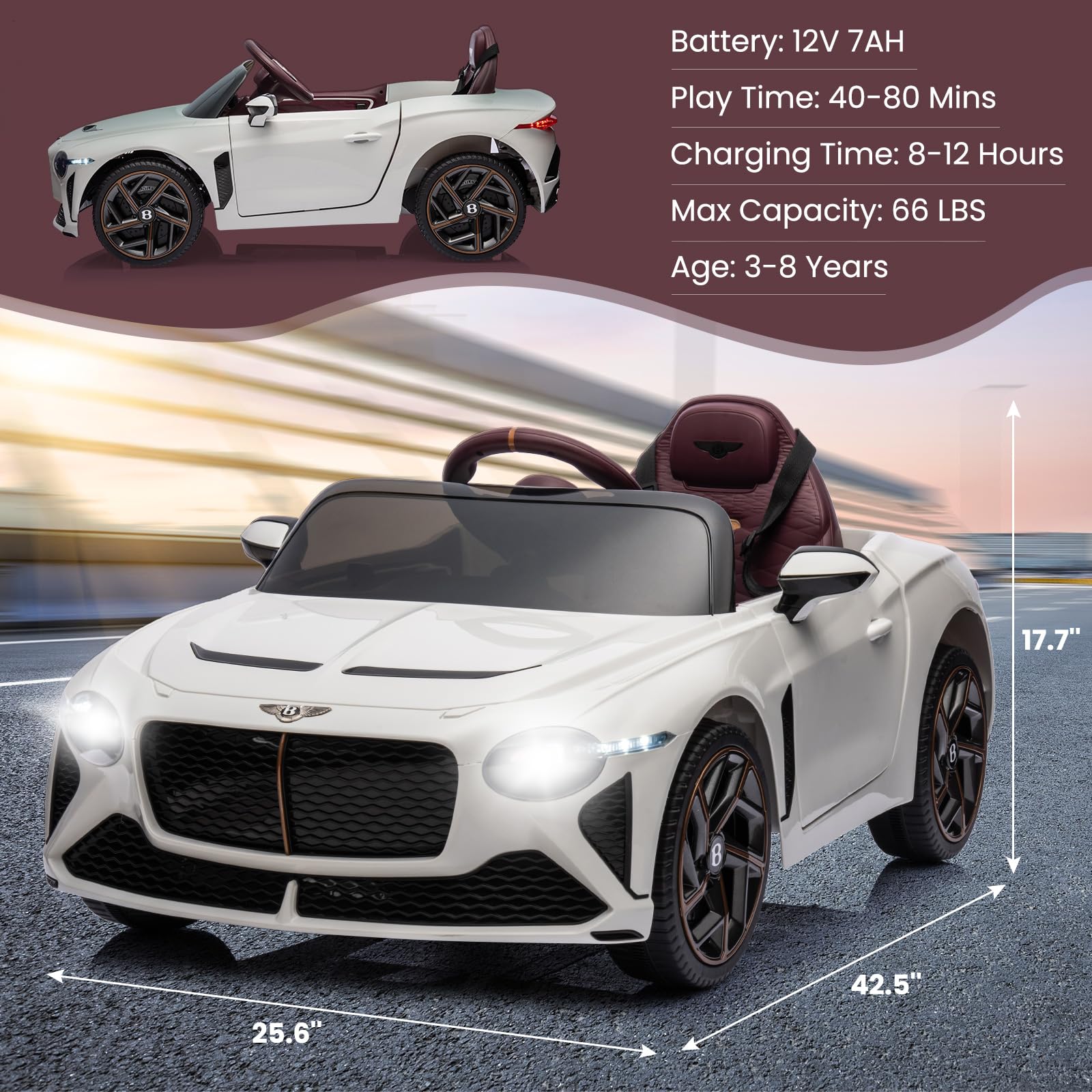 GARVEE Kids Ride On Car, Licensed Bentley Bacalar 12V Electric Vehicles w/Parent Remote Control, Scissor Door, Suspension, 3 Speeds, LED Lights, Horn, Battery Powered Ride on Toy for Boys Girls - White