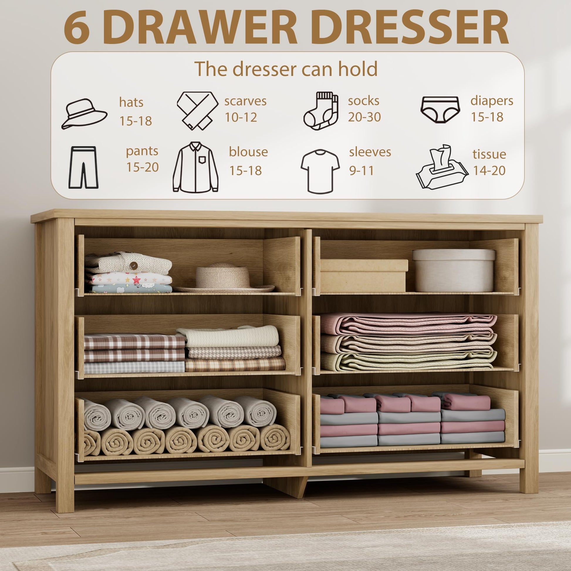 GARVEE Rattan 6 Dresser for Bedroom, 47.2" Wide Dresser, Boho Wide Drawer Dresser with Storage, Wooden Closet Dressers Chest of Drawers Freestanding for Bedroom, Nursery, Living Room, Natural