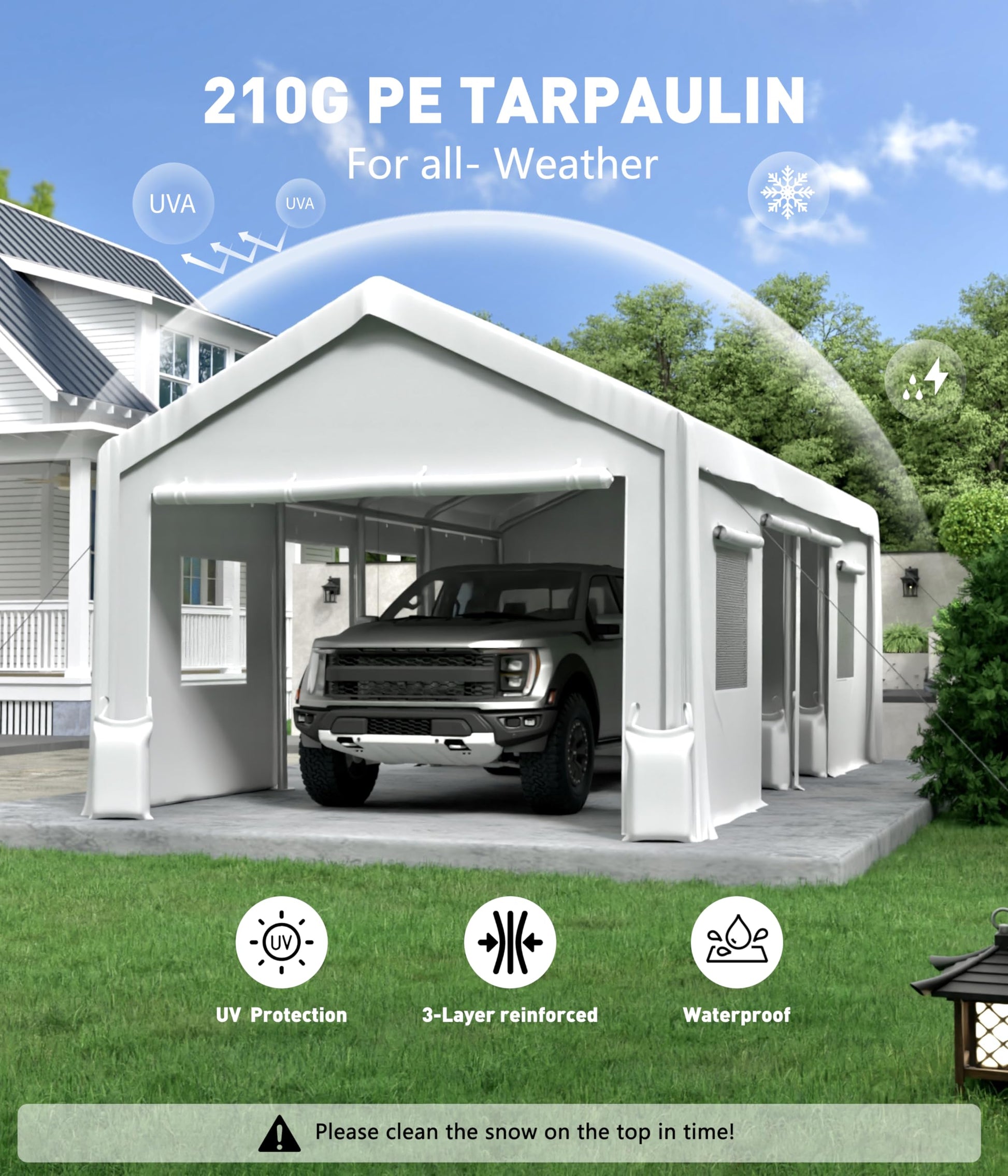 GARVEE 20'x10' 200G Carport Top Replacement Cover , Heavy-Duty Garage Top Tent Shelter Tarp Waterproof & UV Protected (Top Cover Only, Frame Not Included), White