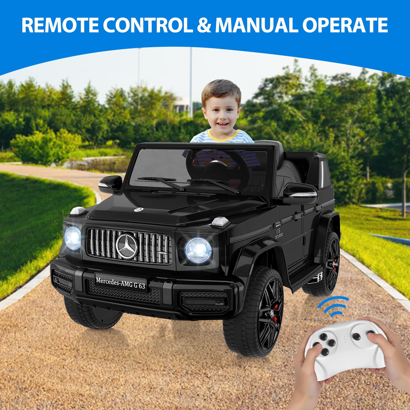 GARVEE 12V Kids Ride on Car, Licensed Mercedes Benz G63 Electric Car w/Remote Control, Music, Spring Suspension, LED Light, Bluetooth, Horn, AUX, Safety Lock Battery Powered Electric Vehicle - Black