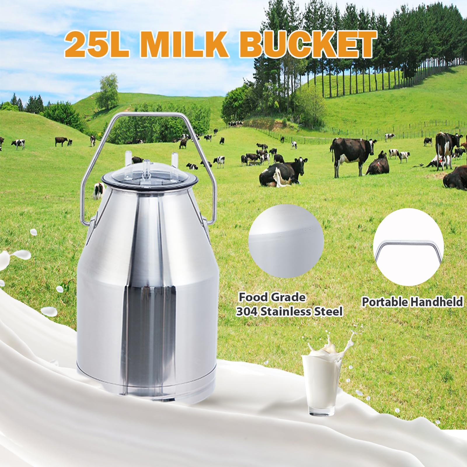 GARVEE 25L Portable Cow Milking Machine, Electric Milking Machine with 304 Stainless Steel Bucket, Automatic Pulsation Vacuum Milker with Food-Grade Silicone Cups and Tubes, for Cows and Goats