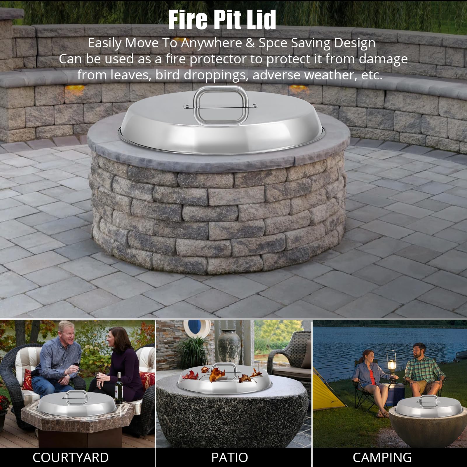 GARVEE Fire Pit Cover - Compatible with Bonfire, Round Stainless Steel with Handle, Fits Inset Fire Pit, Perfect for Outdoor Patio Camping,20 * 20inch,Silver