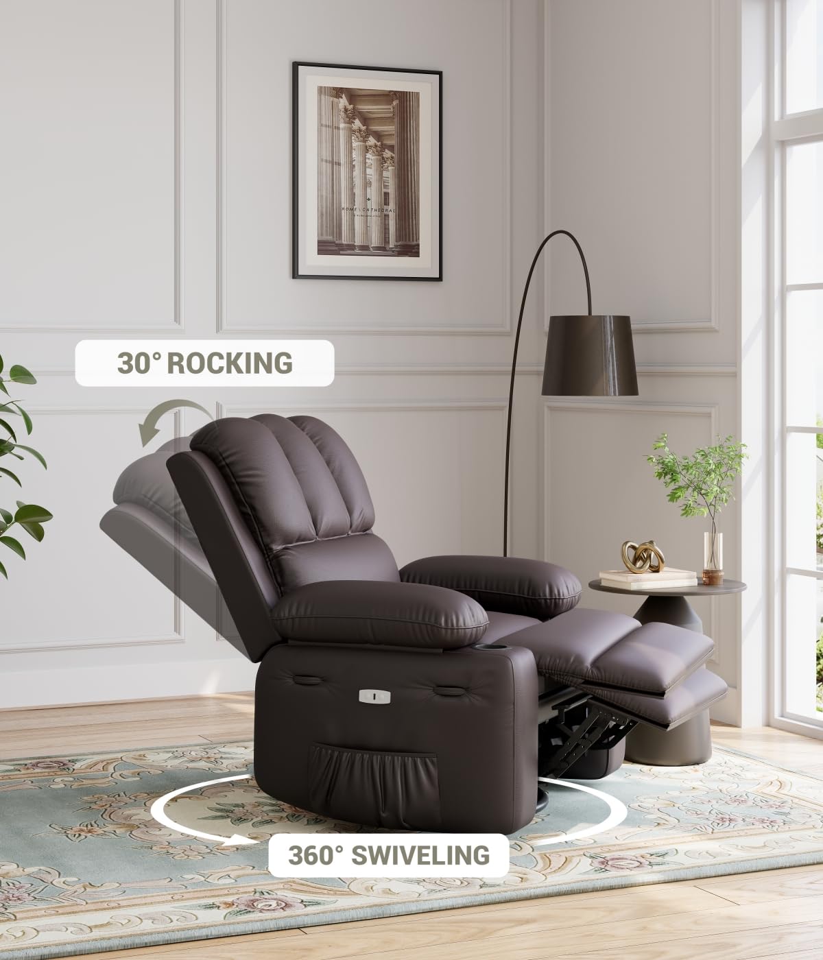 GARVEE Oversized 27" Recliner Chairs with Heat and Massage - 360° Swivel Lazy Boy Recliner Chair for Adults- Manual Rocking Chair with Cup Holder for Living Rooms, Bedrooms and Nurseries - Brown