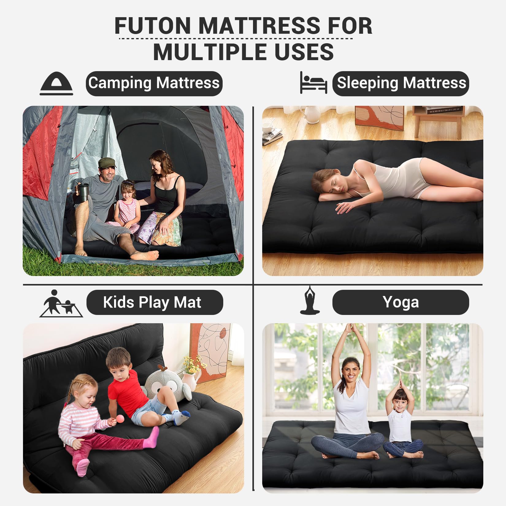 GARVEE Japanese Floor Mattress, Twin Size Futon Mattress 39"x 80", Foldable Floor Bed Mattress Roll Up Portable Sleeping Pad, Kids Floor Play Mat Tatami Mat, Black