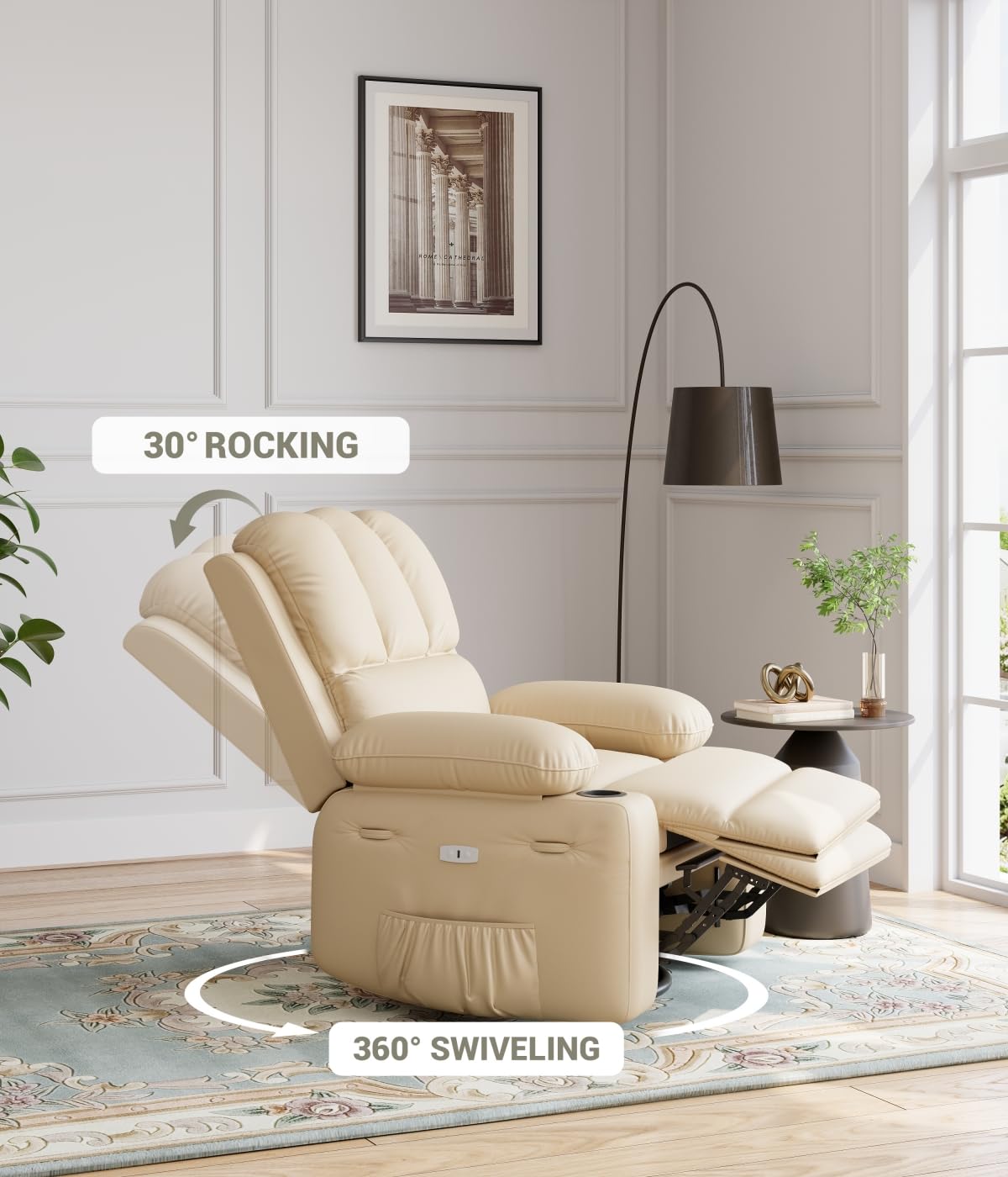 GARVEE Oversized 27" Recliner Chairs with Heat and Massage - 360° Swivel Lazy Boy Recliner Chair for Adults- Manual Rocking Chair with Cup Holder for Living Rooms, Bedrooms and Nurseries - Creamy