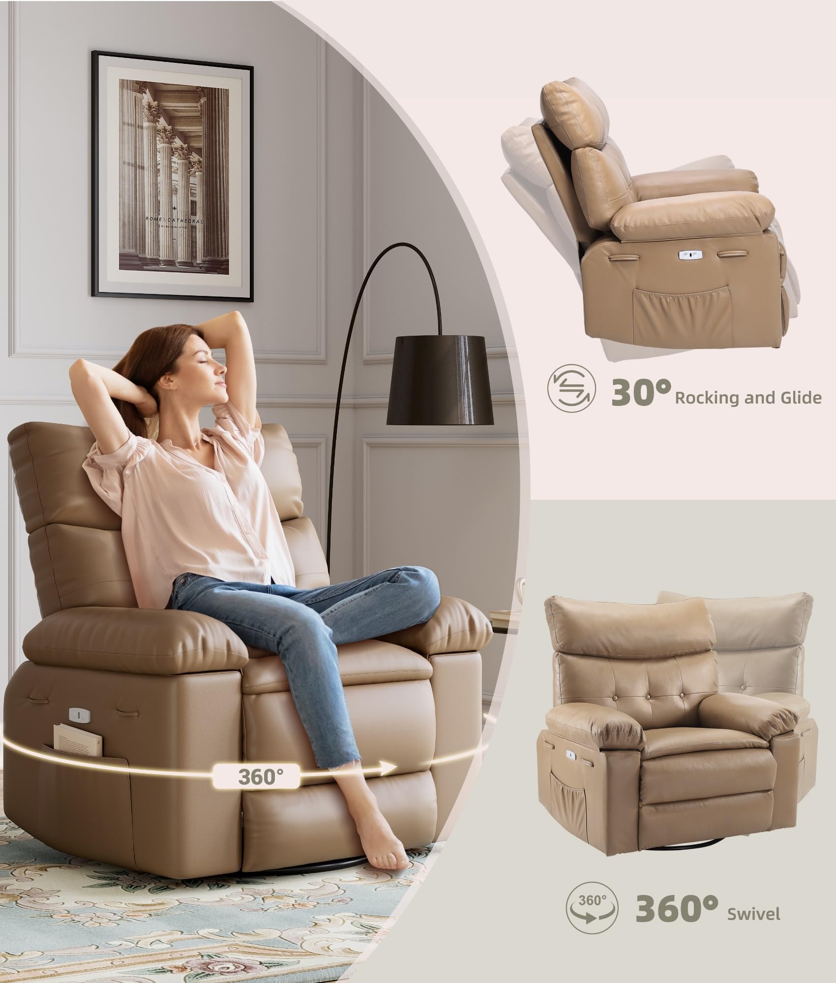 GARVEE 27'' Oversized Rocker Swivel Recliner Chair, Lazy Boy for Adults, with Vibrating Massage and Heating, 1.5x Sponge Filling, Side Pocket, and Cup Holder, for Living Room, Bedroom, and Nursery