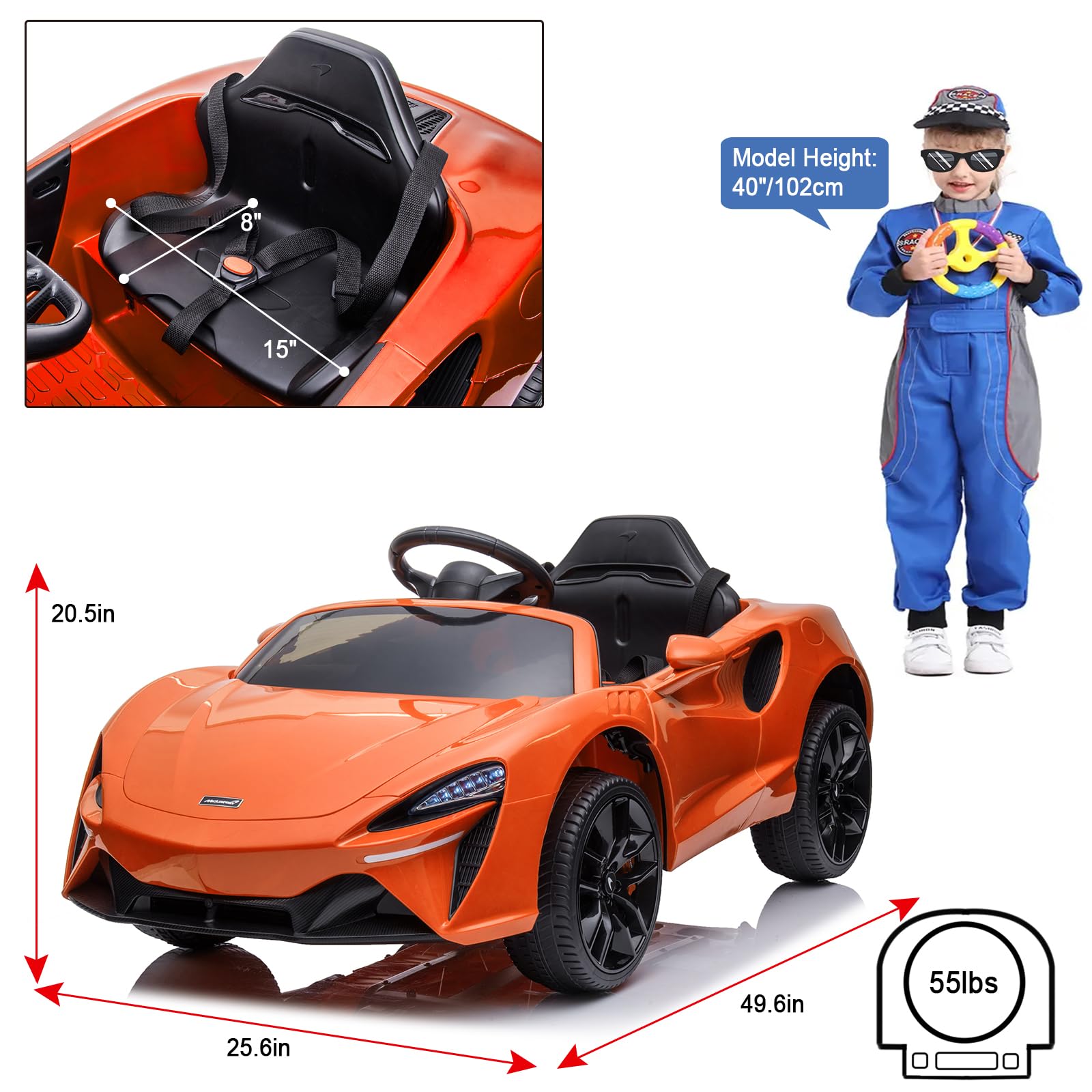 GARVEE 12V Kids Ride on Car, Licensed Mclaren Battery Powered Electric Car with Remote Control, 3 Speeds, Bluetooth Music, Horn, LED Lights, 4-Wheel Ride on Toys - Orange