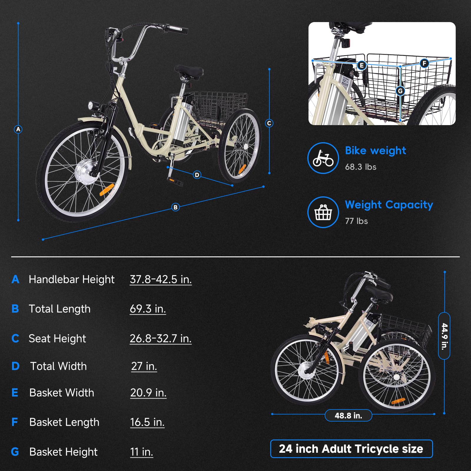 GARVEE 26 Inch Adult Electric Tricycle Folding 7-Speed Electric Tricycle with Basket, 36V Detachable Battery, 250W Brushless Motor Suitable for Men and Women, Beige