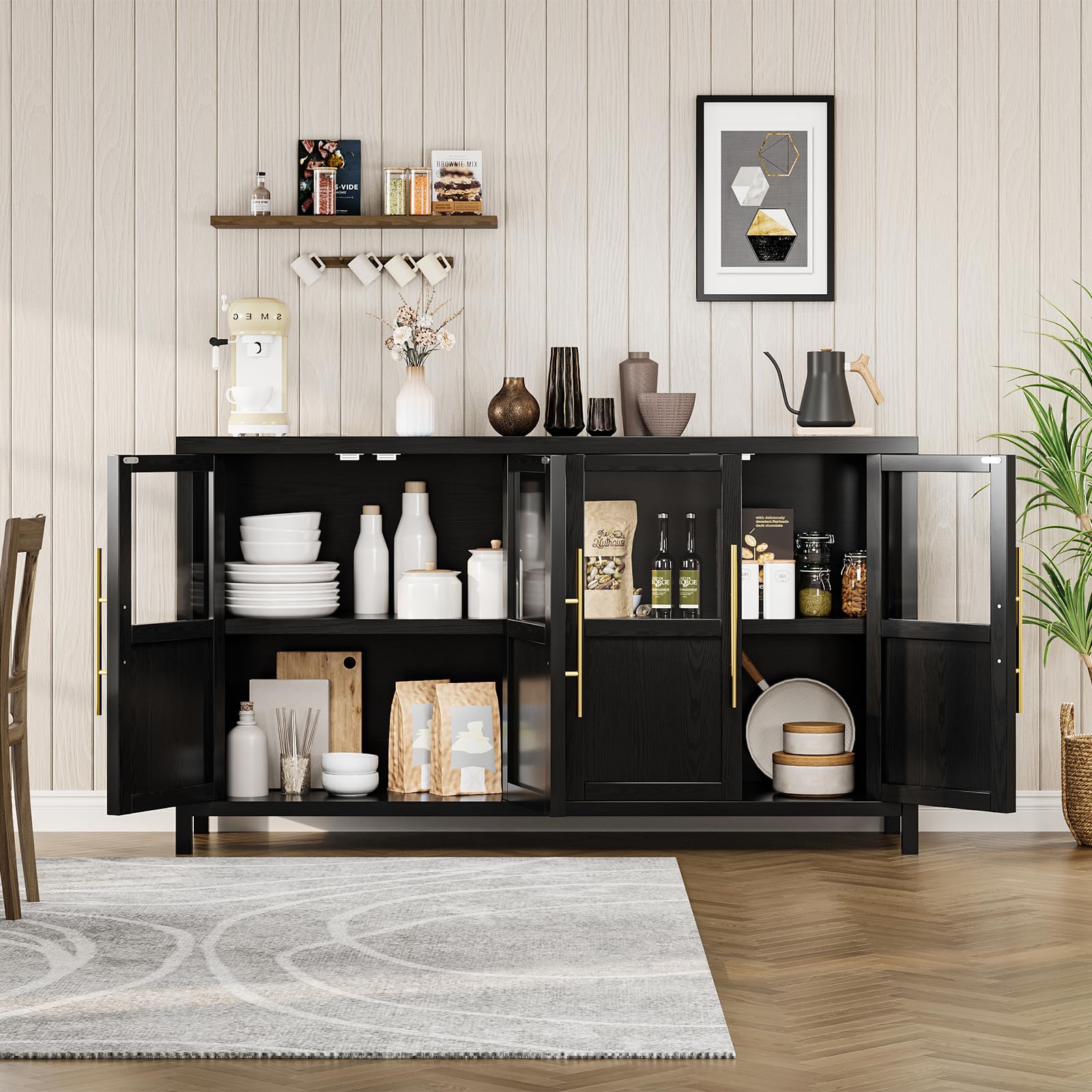 GARVEE Sideboard Buffet Cabinet with 4 Glass Doors, 55" Large Buffet Cabinet with Storage, Modern Farmhouse Storage Cabinet Table for Kitchen Dining Room, Living Room(Glass with 4 Door, Black)