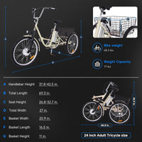 GARVEE 24 Inch Adult Electric Tricycle Folding 7-Speed Electric Tricycle with Basket, 36V Detachable Battery, 250W Brushless Motor Suitable for Men and Women, Beige