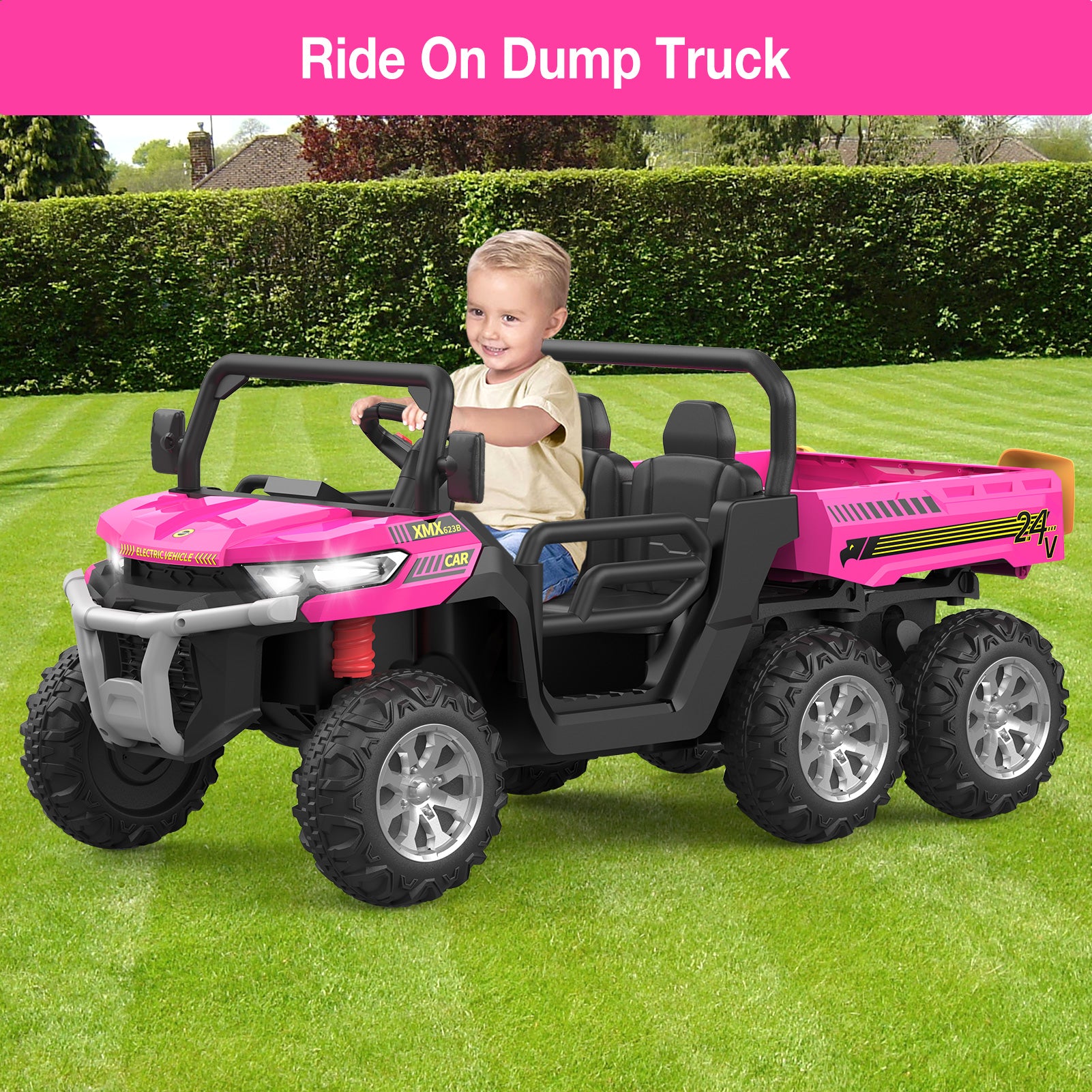 GARVEE 2-Seater Ride on Car,6X6 24V Kids Ride On Dump Truck with Remote Control Electric Utility Vehicles UTV Battery Powered 6 Wheeler with EVA Tires Wheels(Ship in 2 Boxes) - pink