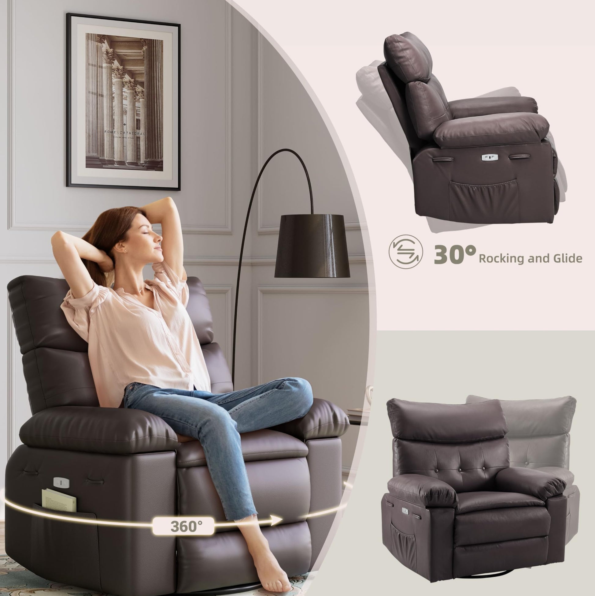 GARVEE 22'' Rocker Swivel Recliner Chair, Lazy Boy for Adults, with Vibrating Massage and Heating, 1.5X Sponge Filling, Side Pocket, and Cup Holder, for Living Room, Bedroom, and Nursery