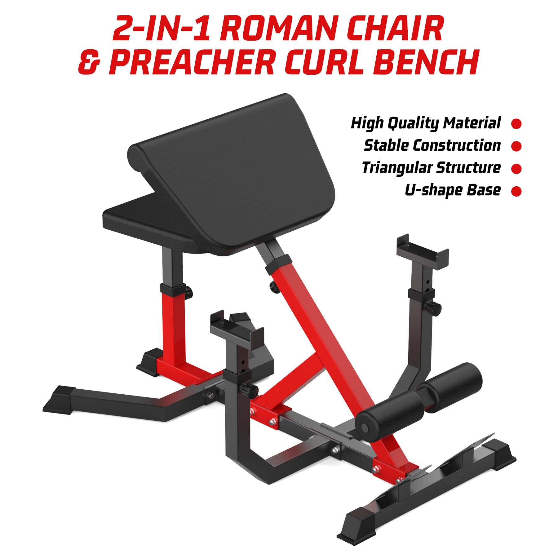 GARVEE 2-In-1 Roman Chair & Preacher Curl Bench Multi-Function Heavy-Duty Hyperextension Bench for Home With Adjustable Height for Arms, Ab, Back, Glute & Leg Extension Exercise Equipment, Red