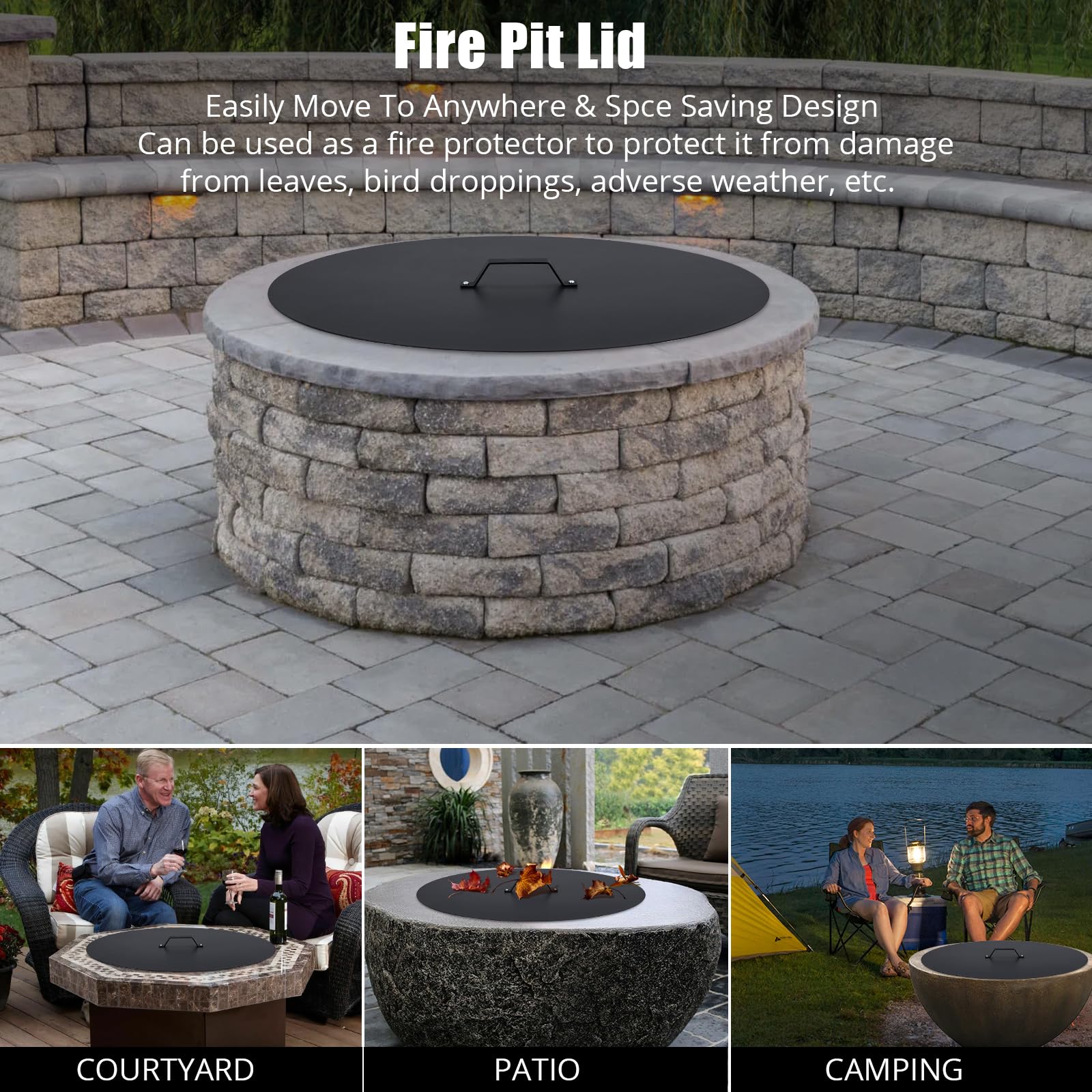 GARVEE Fire Pit Cover - Compatible with Bonfire, Round Stainless Steel with Handle, Fits Inset Fire Pit, Perfect for Outdoor Patio Camping,28 * 28inch,Black