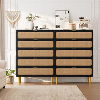 GARVEE 5 Drawer Dresser for Bedroom, Rattan Chest of Drawers with Deep Drawers, Large Modern Double Dresser for Closet with Wide Top, Horizontal Wooden Dresser for Living Room, Hallway, Kids Room, Black