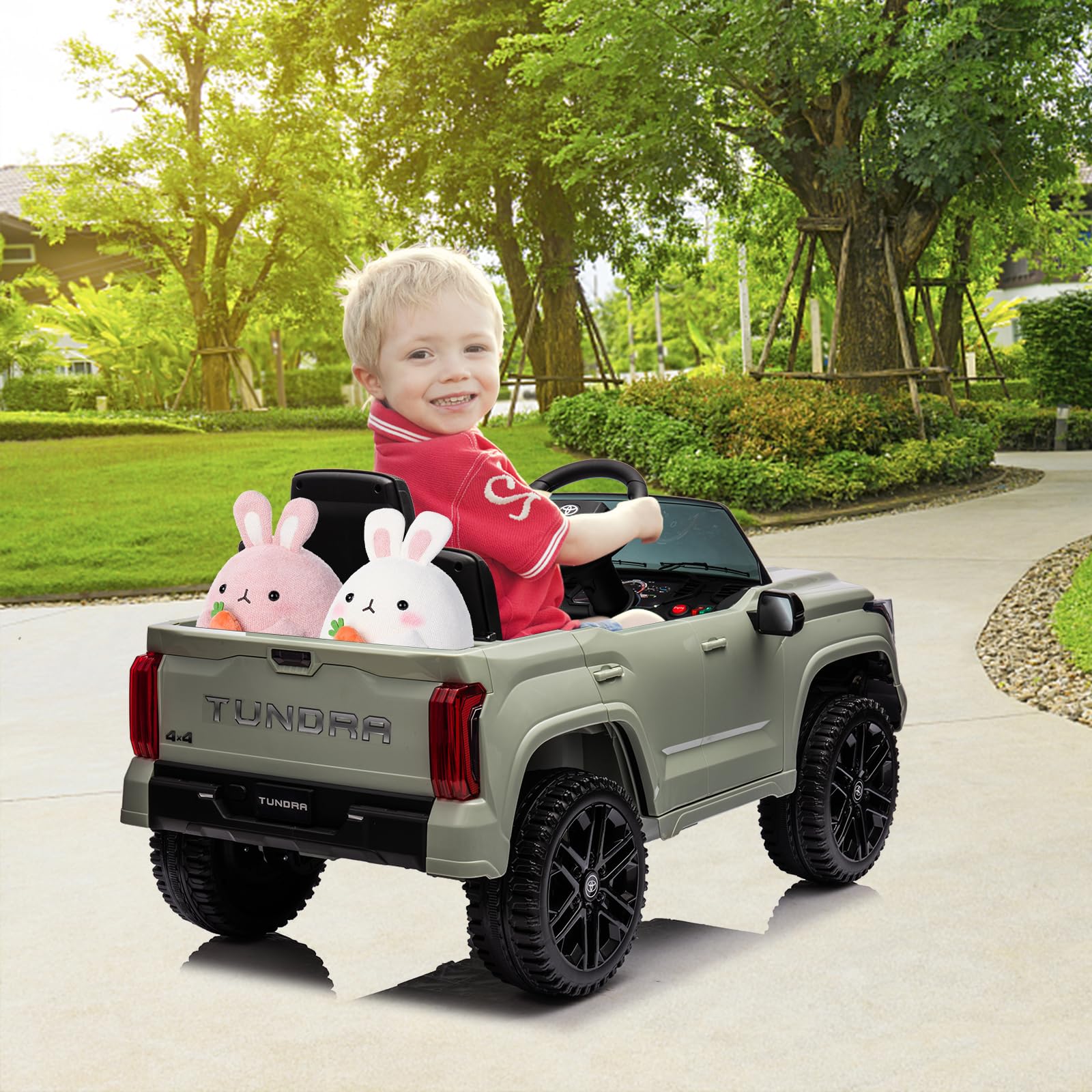 GARVEE 12V Ride on Car for Kids, Licensed Toyota Ride on Truck, Battery Powered Electric Car with Remote Control, MP3, LED Lights, Suspension System, Double Doors, Safety Belt, Ride On Toys for Boys Girls - Green
