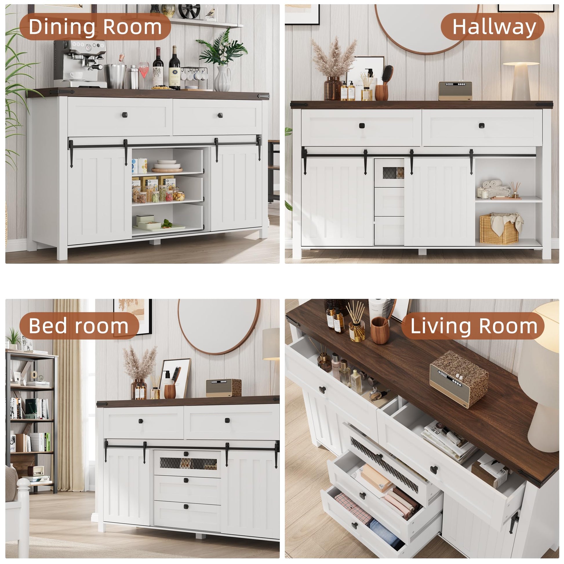 GARVEE Farmhouse Buffet Cabinet, Kitchen Sideboard with Sliding Barn Doors, 5 Drawers, Wooden Storage Cabinet, Coffee Bar Station for Kitchen, Living Room, Dining Room, White