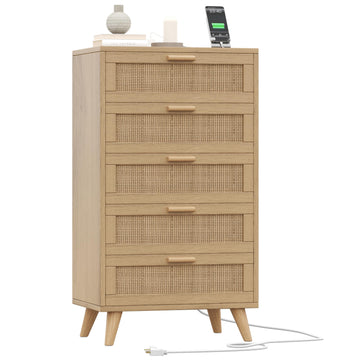 GARVEE 5 Drawer Dresser for Bedroom, Rattan Chest of Drawers with Deep Drawers, Large Modern Double Dresser for Closet with Wide Top, Horizontal Wooden Dresser for Living Room, Hallway, Kids Room, Natural