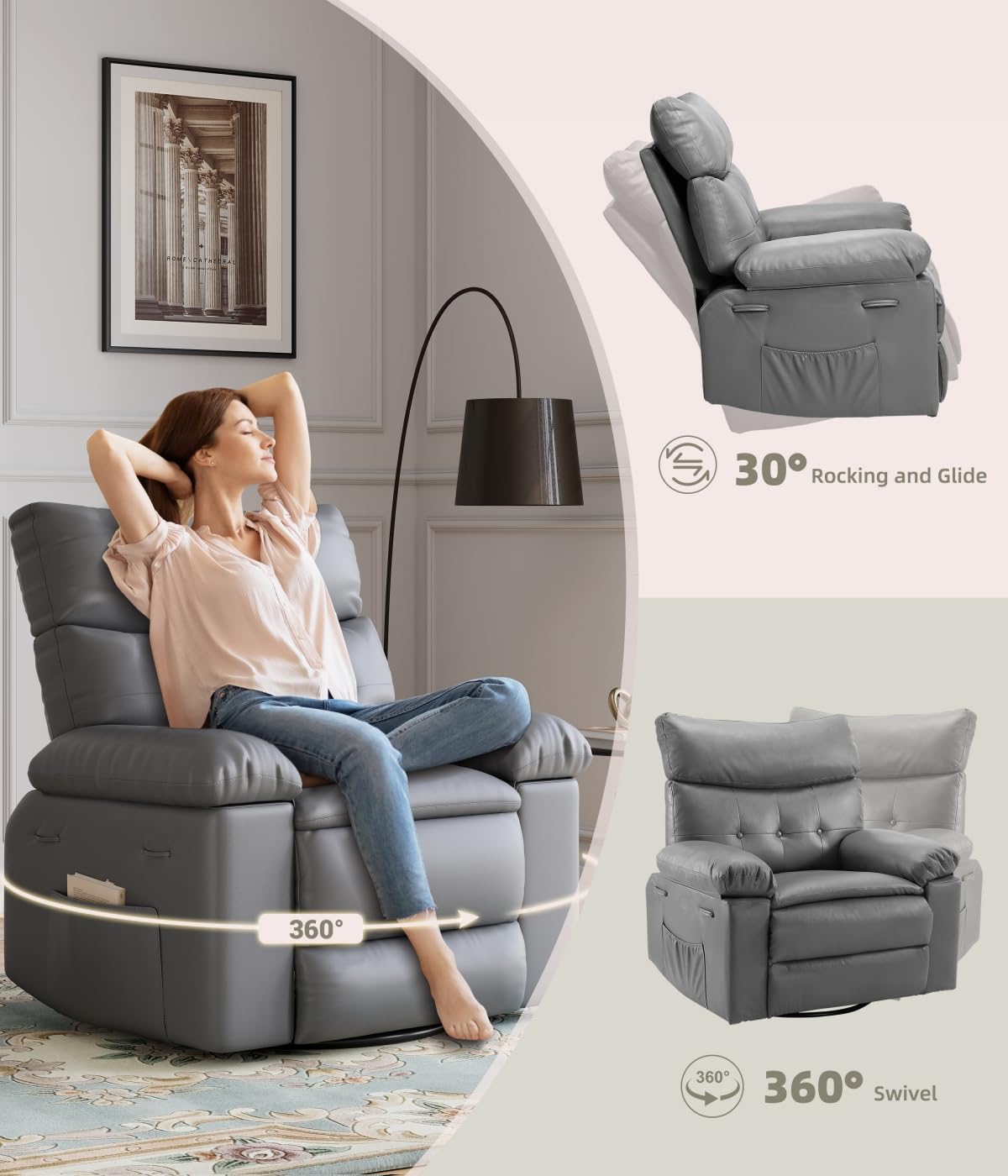 GARVEE Oversized Recliner Chairs with Heat and Massage - 360° Swivel Lazy Boy Recliner Chair for Adults- Manual Rocking Chair with Cup Holder for Living Rooms, Bedrooms, and Nurseries - Grey