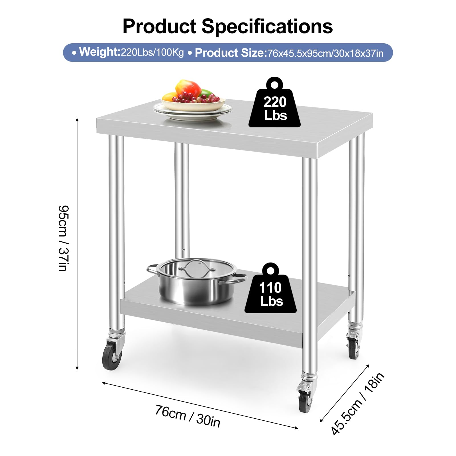 GARVEE Stainless Steel Table with Caster Wheels, Food Prep Table for Kitchen, Commercial Heavy Duty Metal Table with Adjustable Undershel, Stainless Steel Work Table for Laundry and Hotel (30" x 18")