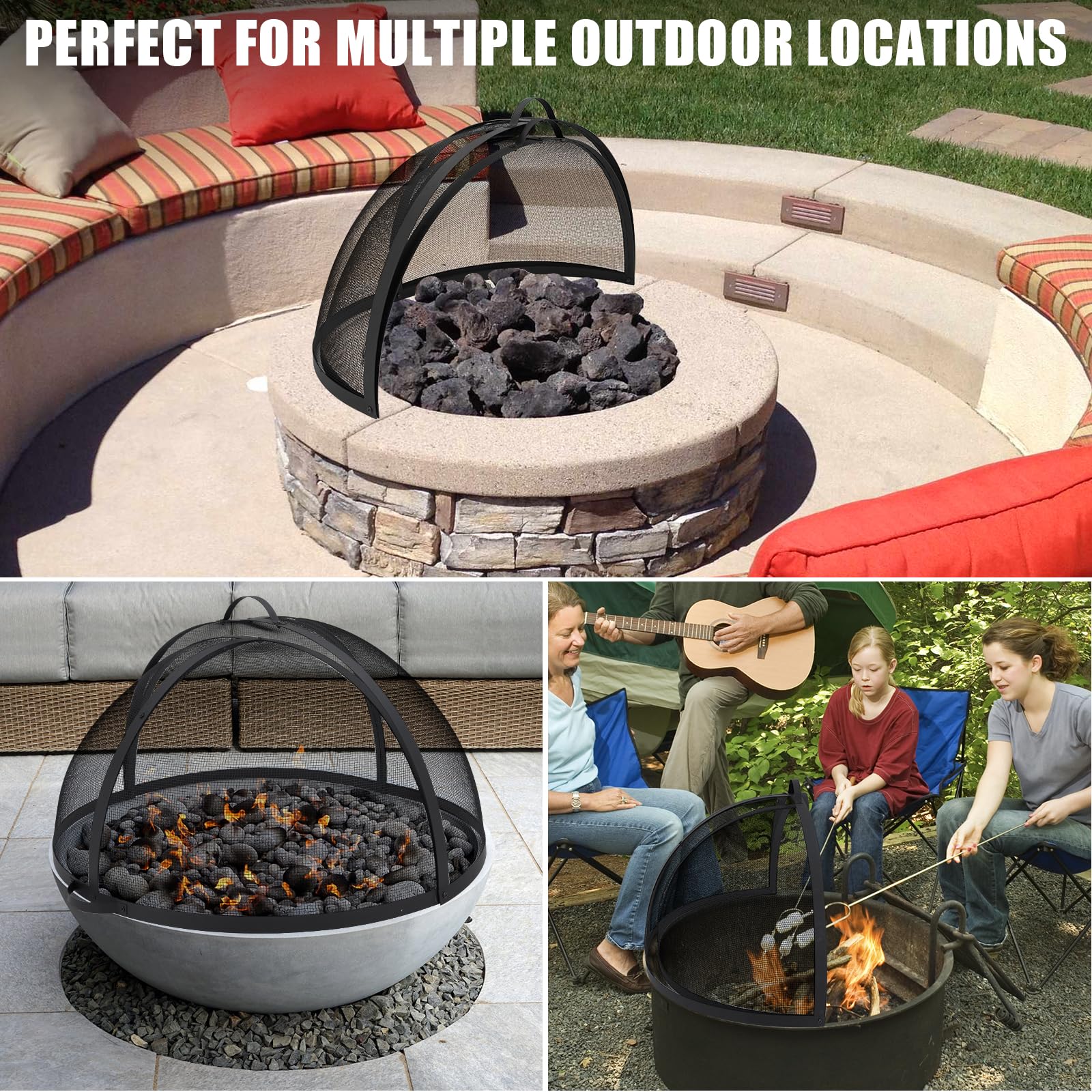 GARVEE Outdoor Fire Pit Spark Screen Cover Accessory - 30 Inch Round Heavy Duty Stainless Steel Ember Cover with Heavy Duty Hinges, Flaky Black Design for Patio Backyard