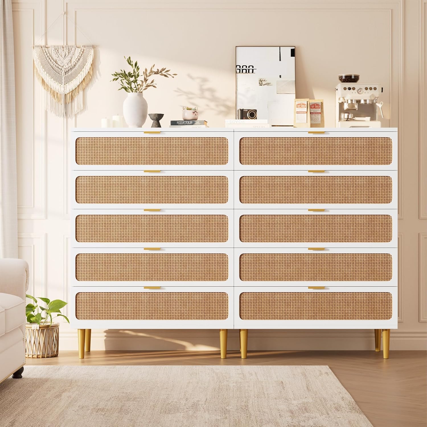 GARVEE 5 Drawer Dresser for Bedroom, Rattan Chest of Drawers with Deep Drawers, Large Modern Double Dresser for Closet with Wide Top, Horizontal Wooden Dresser for Living Room, Hallway, Kids Room, Natural