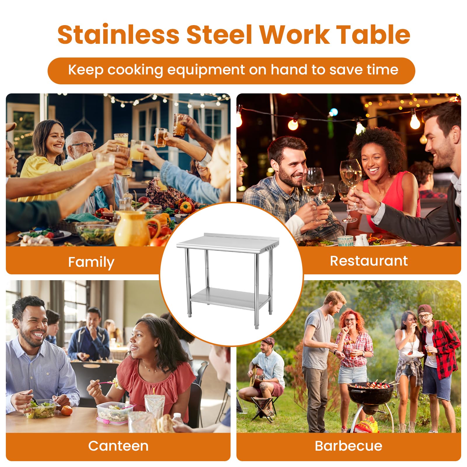 GARVEE Stainless Steel Table for Prep & Work with Backsplash, Commercial Metal Kitchen Prep Table with Hooks and Adjustable Shelf, Heavy Duty Table for Home Garage Restaurant