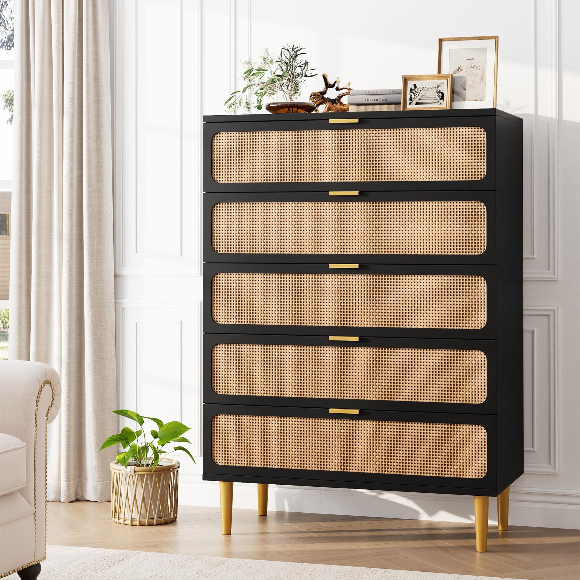 GARVEE 5 Drawer Dresser for Bedroom, Rattan Chest of Drawers with Deep Drawers, Large Modern Double Dresser for Closet with Wide Top, Horizontal Wooden Dresser for Living Room, Hallway, Kids Room, Black