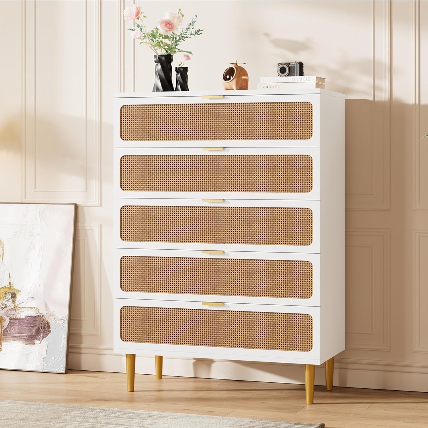 GARVEE 5 Drawer Dresser for Bedroom, Rattan Chest of Drawers with Deep Drawers, Large Modern Double Dresser for Closet with Wide Top, Horizontal Wooden Dresser for Living Room, Hallway, Kids Room, Natural