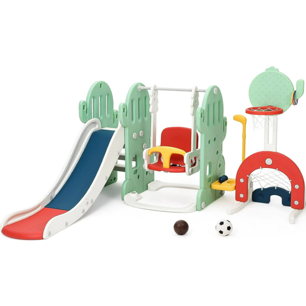 GARVEE Toddler Indoor Playground Set 7-in-1 with Slide, Swing, Climbing Ladders, Basketball Hoop, Soccer, Golf, Ring Toss, HDPE, Indoor/Outdoor Use,Ages 1-3,Green